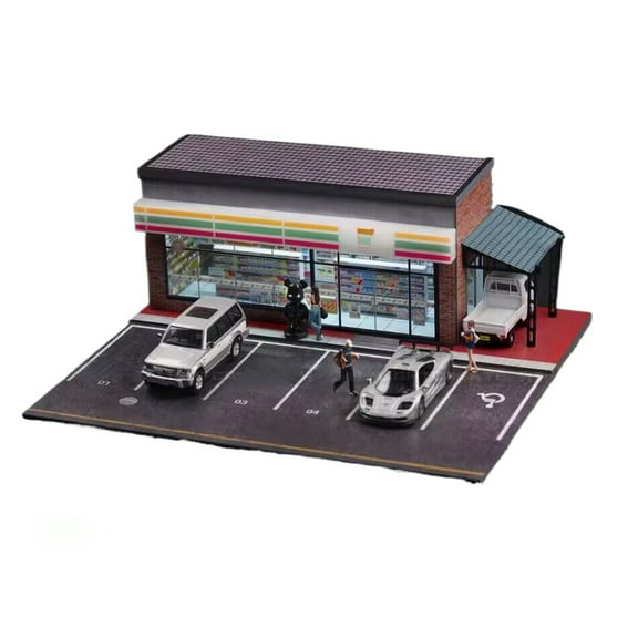 Diorama 1/64 Scale Garage Model with LED Light, City Street Japanese Parking Lot Scene Display Model, Diecast Car Display Case, Convenience Store Building Model Gifts