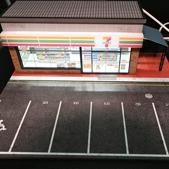 Diorama 1/64 Scale Garage Model with LED Light, City Street Japanese Parking Lot Scene Display Model, Diecast Car Display Case, Convenience Store Building Model Gifts