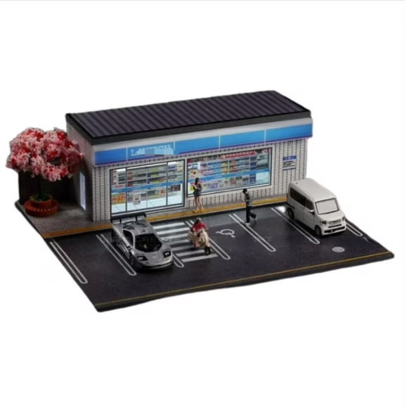 Diorama 1/64 Scale Garage Model LED Lighting Car Parking Lot Scene Display Model,Diecast Car Display Case,City Street Convenience Store Building Scene Display Model