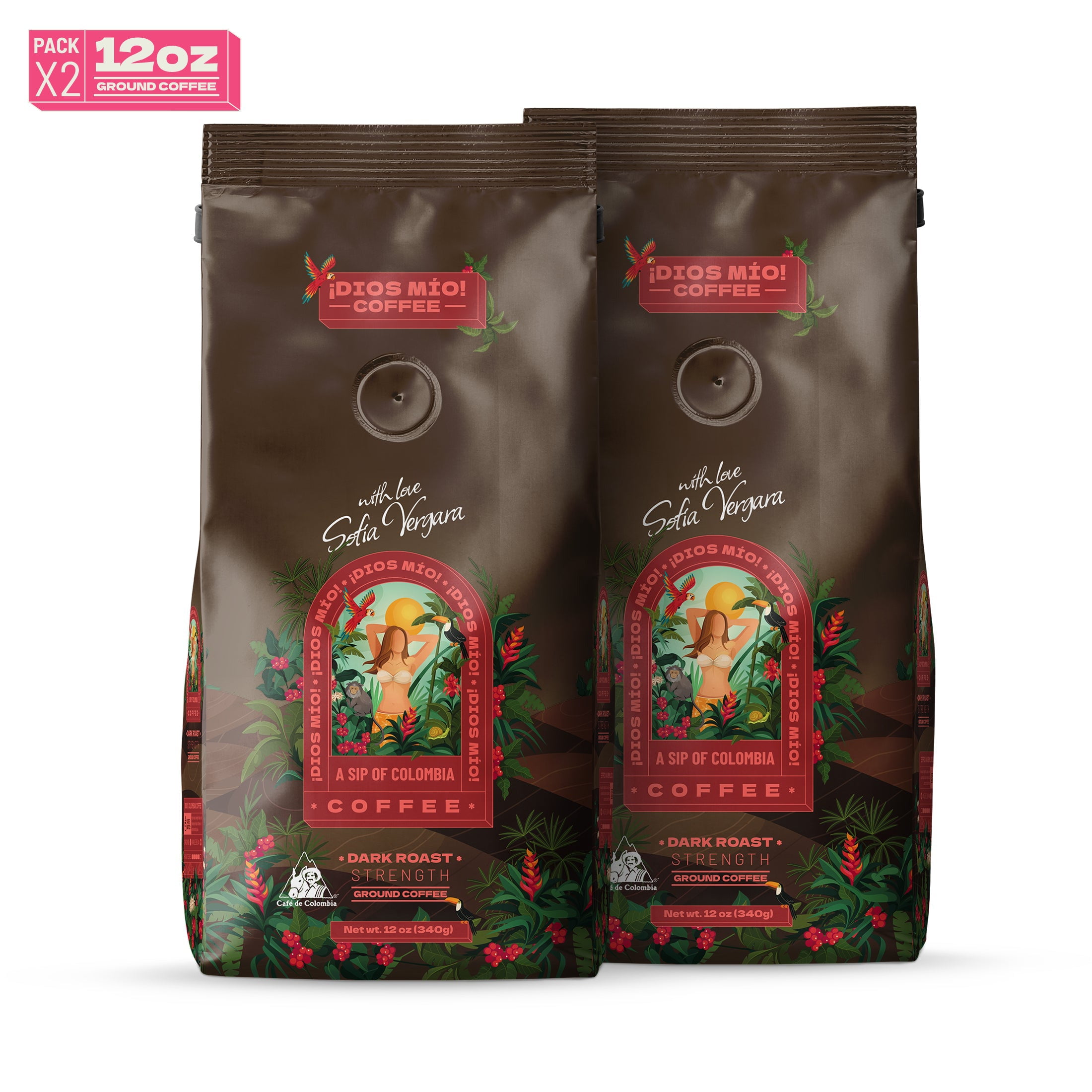 Dios Mio Coffee By Sofia Vergara Premium Ground Colombian Coffee Dark Roast 12oz pack of 2