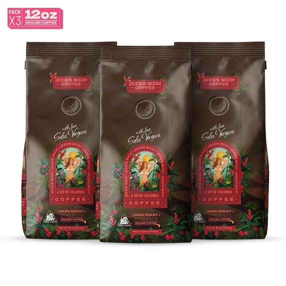 Dios Mio Coffee by Sofia Vergara, Premium Ground Colombian Coffee, Dark Roast , 12oz (pack of 3)