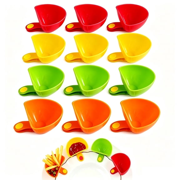 12 PCS Dip Clips for Plates Plastic Dip Clip Bowl Plate Holder Chip and Dip Serving Set Sauce Holder for Spice Tomato Sauce Salt Veggie Vinegar Ketchup Chips (4 Colors)