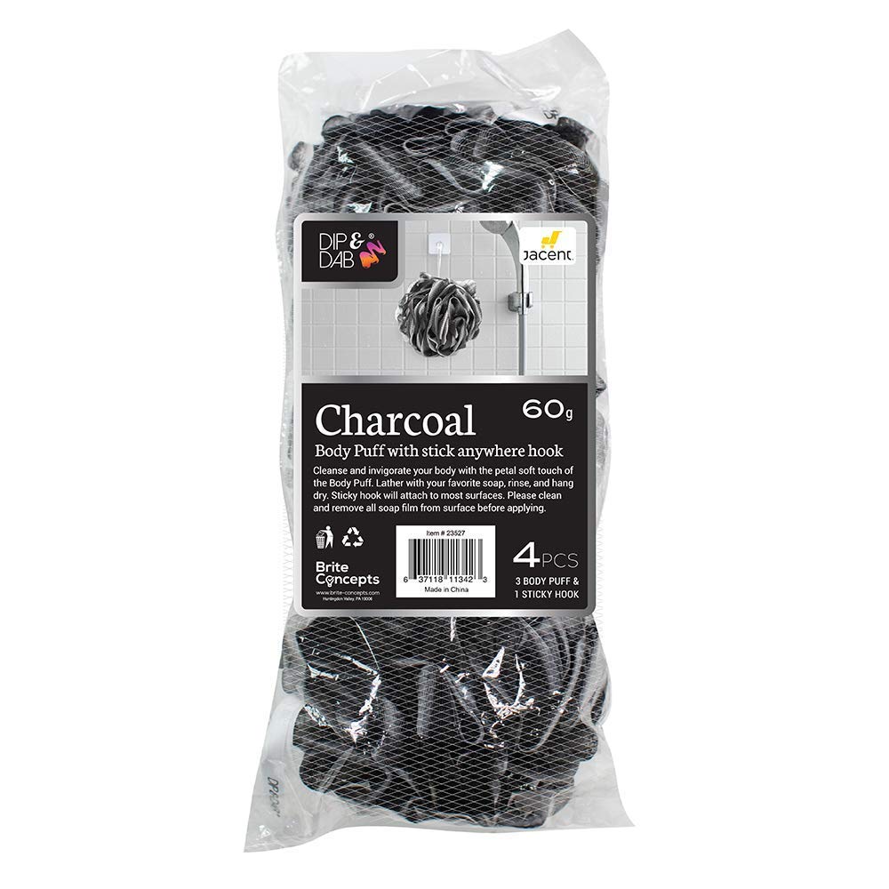 Dip & Dab Premium Charcoal Body Puff Loofahs + Selfadhesive Hook Bath