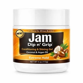 Jam Dip n' Grip Extreme Hold Conditioning & Shining Gel, Coconut & Argan Oil Hair Styling Gel for Braids, Twists, Locs & Protective Styles, Flake-Free Formula, 4 oz