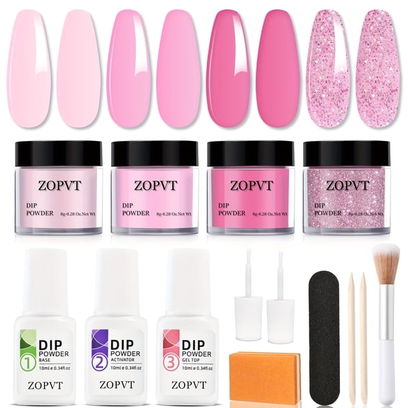 Dip Powder Nail Kit, 4 Colors Valentine'S Day Pink Glitter Dipping Starter Set With Liquid And Complete Accessories For French Nails Art Salon DIY At Home Manicure