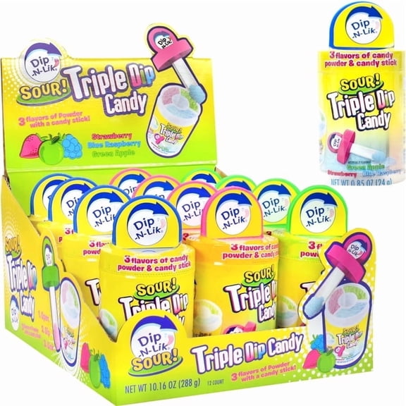 Koko's Sour Triple Dip Candy Strawberry Blue Raspberry Green Apple Flavor Sticks, 12 Count