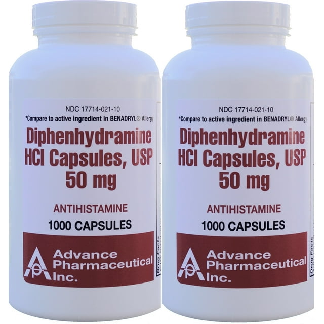 Diphenhydramine 50 mg Generic Benadryl Allergy Medicine and Antihistamine 1000 Capsules per Bottle PACK of 2