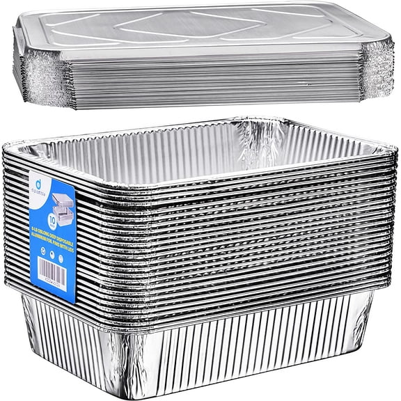 Diplastible Oblong Disposable Aluminum Pans with Lids - 50 Pack - 11x7x3 in 8-lb Pan with Foil Covers Perfect for Baking Cooking Food and Storage Container
