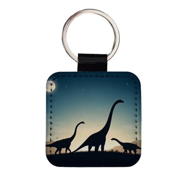 Diplodocus Silhouettes Night Dinosaurs Faux Leather Square Keychain