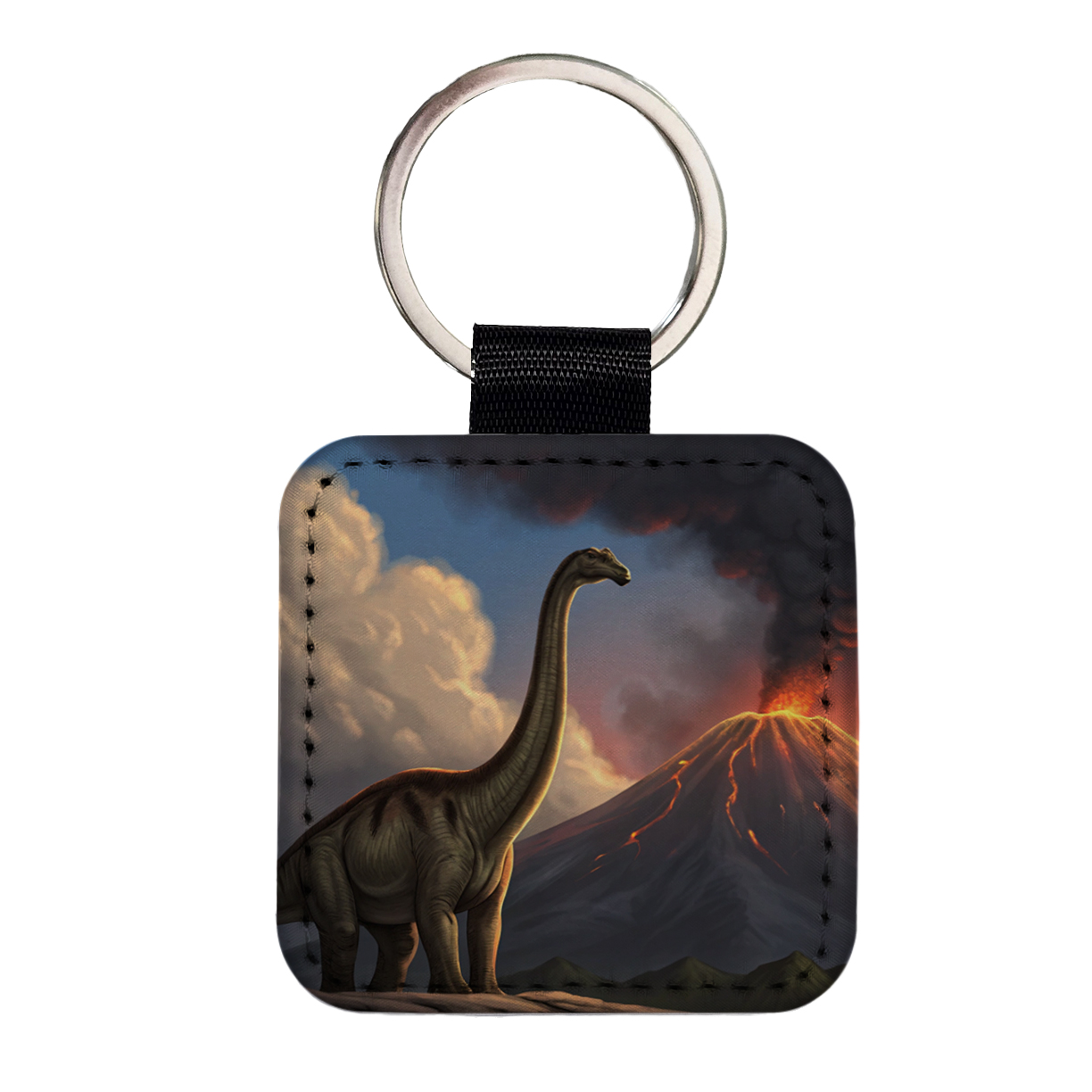 Lava Volcano Key Chain Diplodocus Volcano Erupting Dinosaur Faux Leather Square Keychain ...