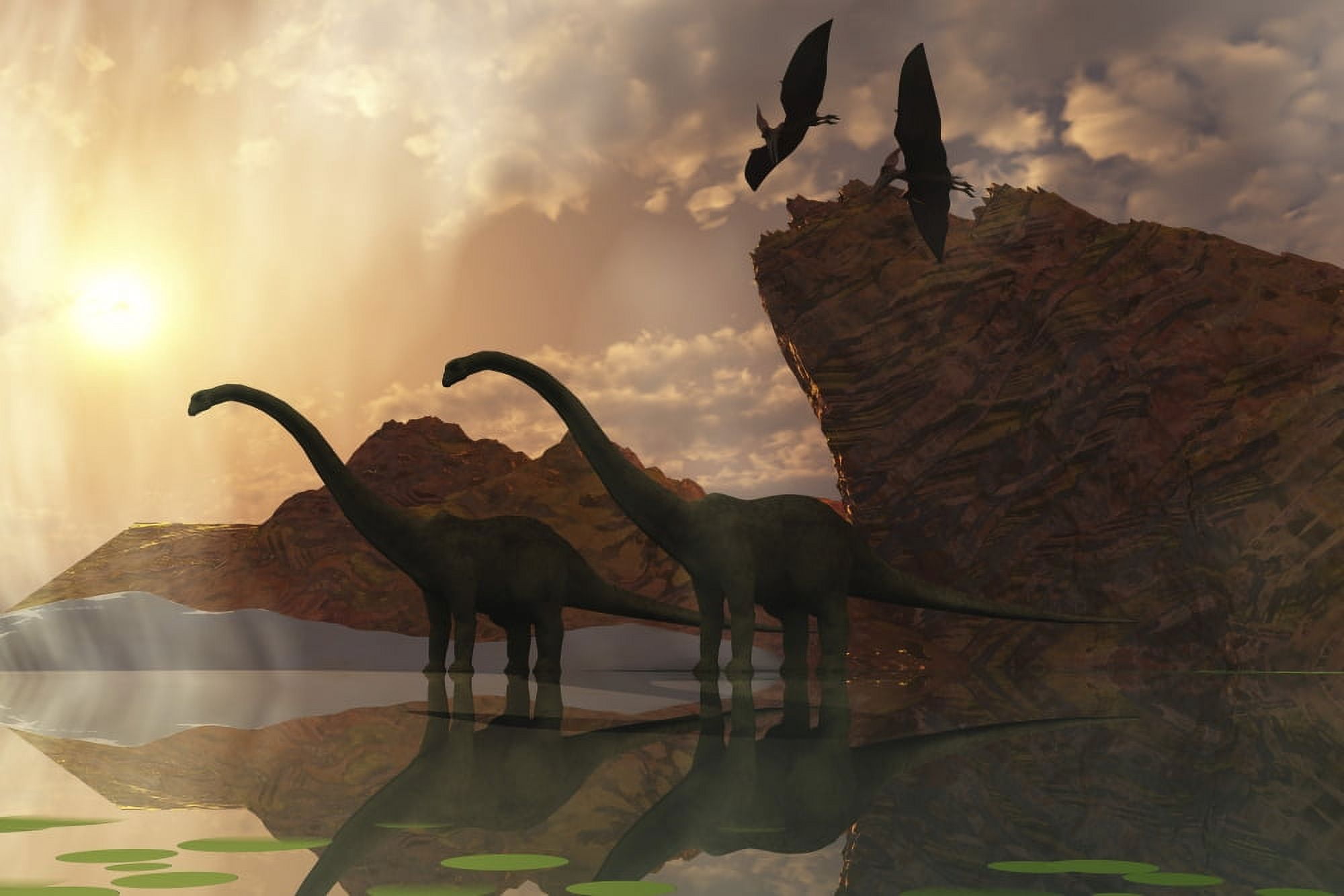 Diplodocus dinosaurs and pterodactyl birds greet the early morning mist Canvas Art - Corey FordStocktrek Images (35 x 23)