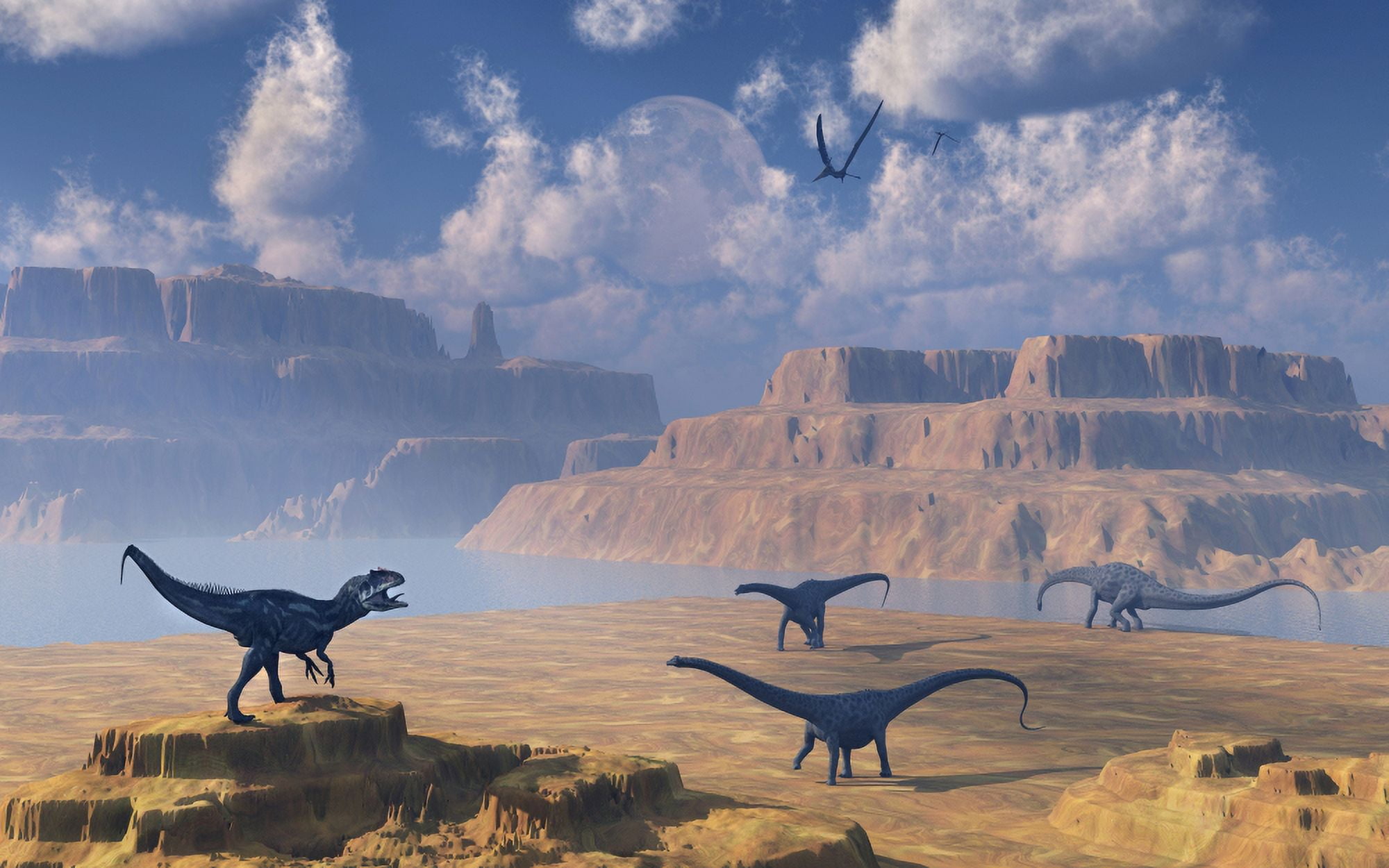 Diplodocus dinosaurs being stalked by a carnivorous Allosaurus Canvas Art - Mark StevensonStocktrek Images (36 x 23)