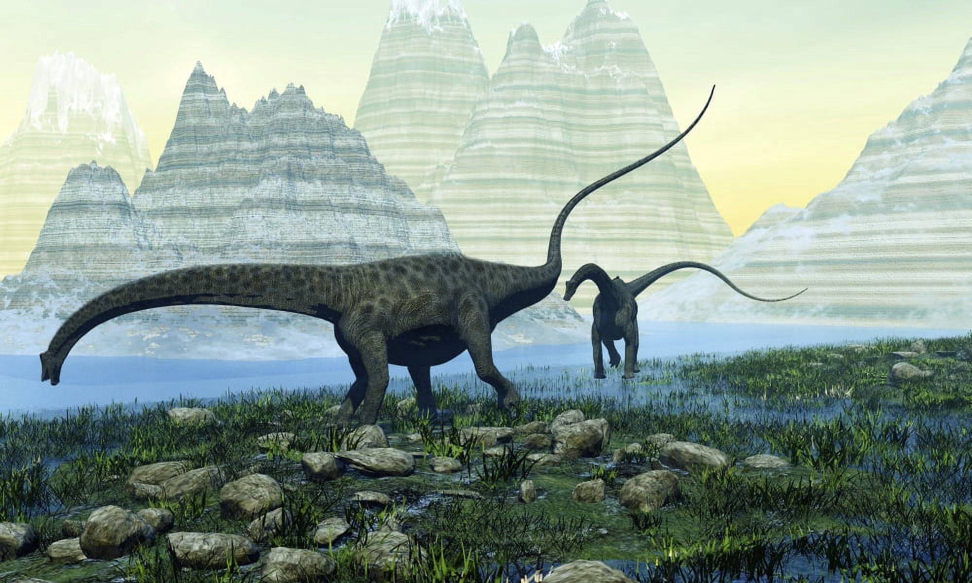 Diplodocus dinosaurs munch on vegetation near a mountain lake Canvas Art - Corey FordStocktrek Images (36 x 22)