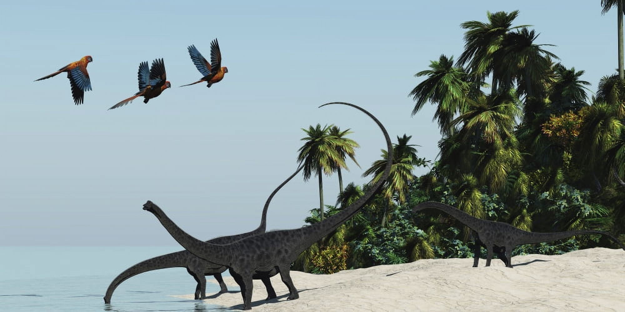 Diplodocus dinosaurs take a drink in a hot tropical region Canvas Art - Corey FordStocktrek Images (20 x 10)