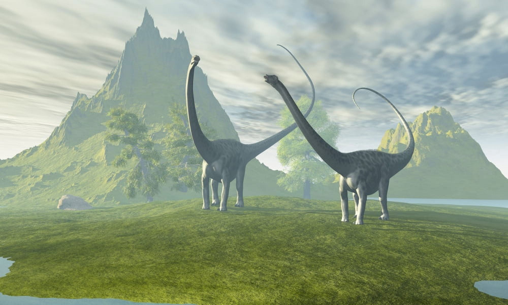 Diplodocus dinosaurs walk together in the afternoon in the prehistoric age Canvas Art - Corey FordStocktrek Images (19 x 11)
