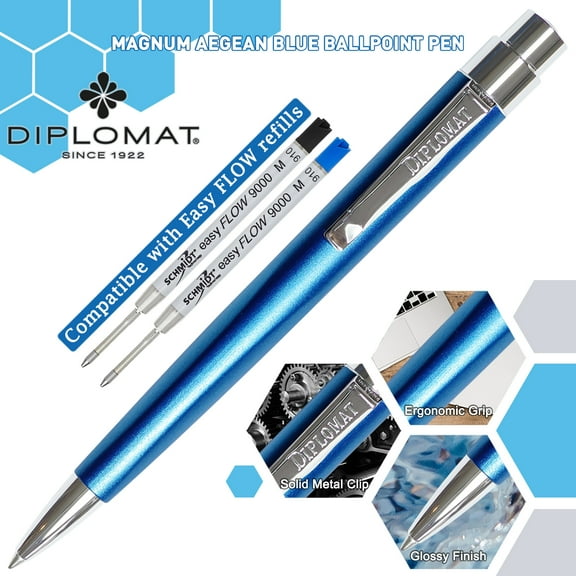 Diplomat Magnum Ball Point Pen - Aegean Blue (Black Ink, Medium Tip)
