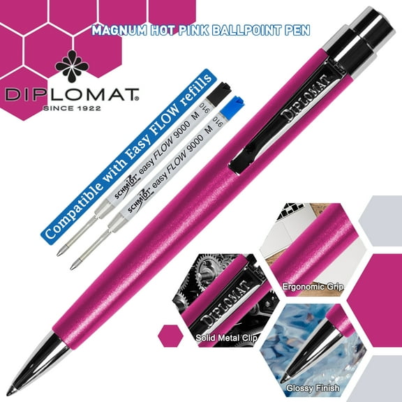 Diplomat Magnum Ball Point Pen - Hot Pink (Black Ink, Medium Tip Refill)