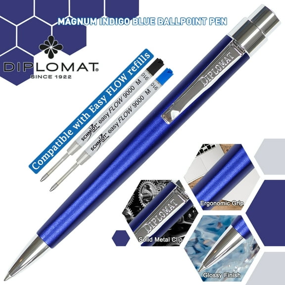 Diplomat Magnum Ball Point Pen - Indigo Blue (Black Ink, Medium Tip Refill)