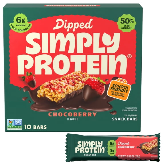 Simply Protein Dipped Protein Bar, Chocoberry, 6g Protein, Gluten-Free, 10-Pack