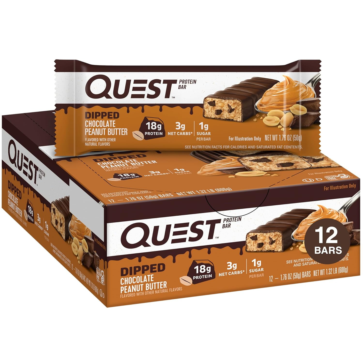 Dipped Chocolate Peanut Butter Protein Bars, 18g Protein, 1g Sugar, 3g