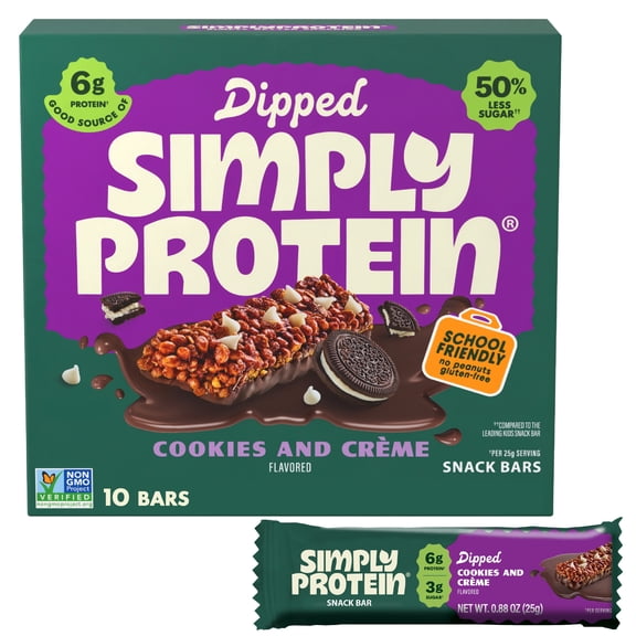 Simply Protein Dipped Protein Bar, Cookies and Creme, 6g Protein, Gluten-Free, 10-Pack