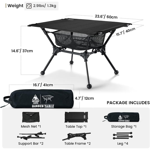 Dipper Camping Table - Lightweight Portable Folding Table with Mesh Storage Net, High/Low Options, Ideal for Camping, Hiking, Tailgating, Beach, Picnic, Travel, Backyard