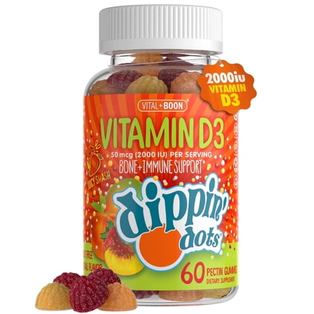 Dippin' Dots 2000 IU Vitamin D3 Gummies for Bone & Immune Support, Strawberry Peach Mango, 60 Ct
