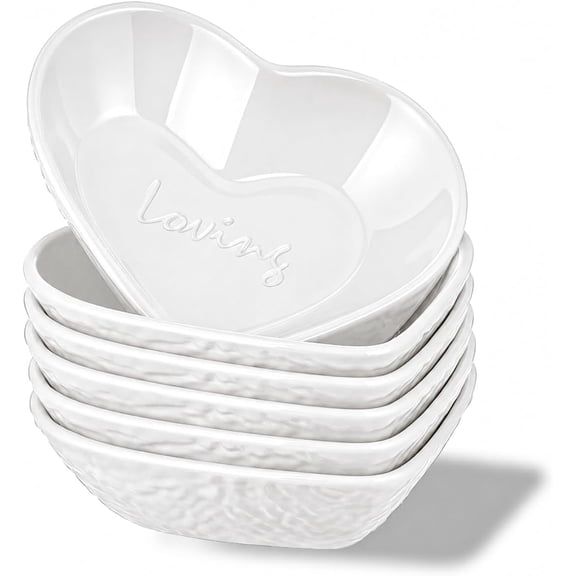 Dipping Bowls, 3oz Soy Sauce Dish, Pturdy Plastic Small Bowls Set of 6, White Love Heart Mini Appetizer Plates for Sauce, Soy Sauce, Condiment, Side Dishes, Sushi, Ketchup, BBQ Party