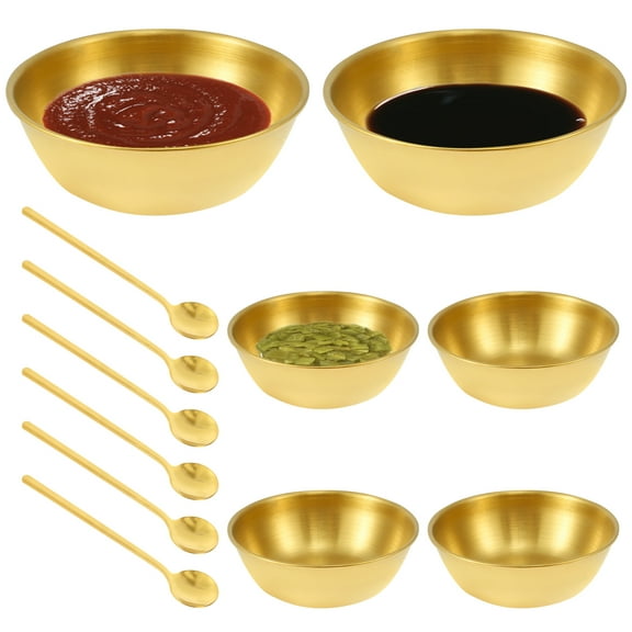 Dipping Bowls Set of 6 Stainless Steel Dip Bowls Rustproof Tapas Bowls Set with 6 Spoons Practical Condiment Cups Stainless Steel Sauce Cup Gold Saucer Plates Saucers Bowl for Home Kitchen