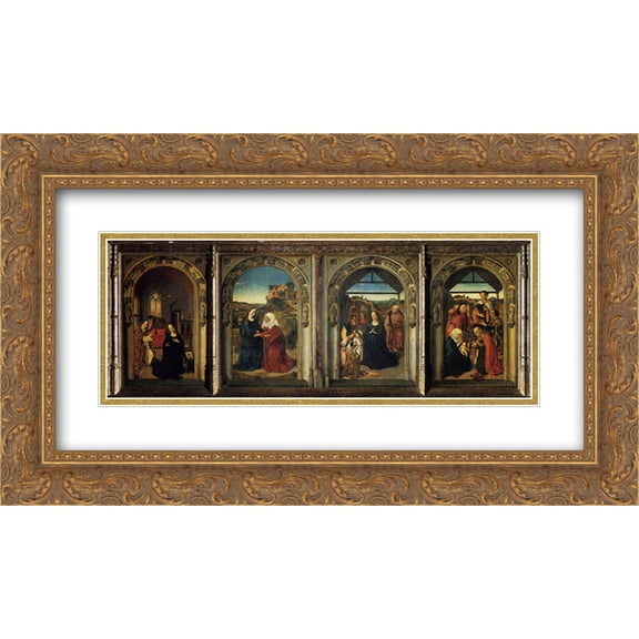 Dirck Bouts 2x Matted 24x14 Gold Ornate Framed Art Print 'Polyptych Showing The Annunciation, The Visitation, The Adoration Of The Angels And The Adoration Of The Kings'