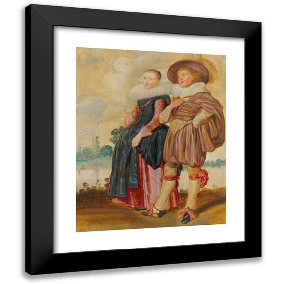 Dirck Hals 12x14 Black Modern Framed Museum Art Print Titled - An Elegant Couple Standing by a River