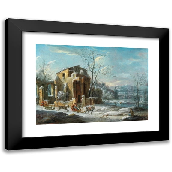 Dirck Maas 18x14 Black Modern Framed Museum Art Print Titled - A Winter Landscape with an Elegant Company on Sleighs Drawn by Horses