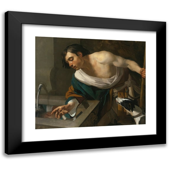 Dirck Van Baburen 14x12 Black Modern Framed Museum Art Print Titled - Narcissus Gazing at His Reflection