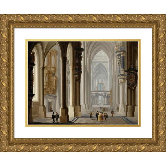 Dirck Van Delen 18x14 Gold Ornate Wood Frame and Double Matted Museum Art Print Titled - Interior of a Gothic Church (1641)