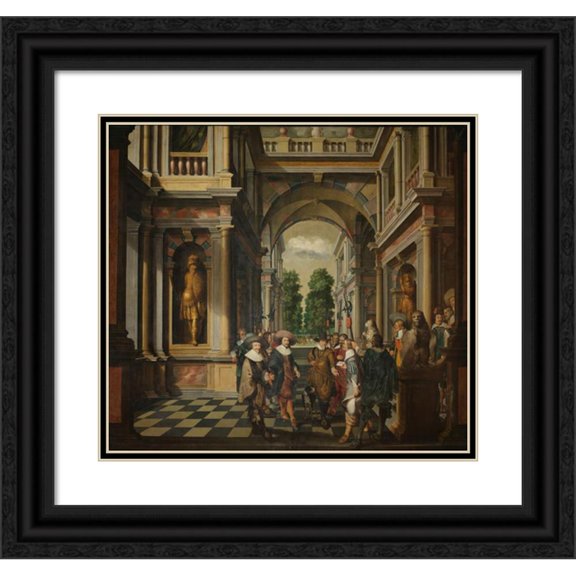 Dirck Van Delen 22x20 Black Ornate Framed Double Matted Museum Art Print Titled: A Seven-Part Decorative Sequence; a Gallery (1630 - 1632)
