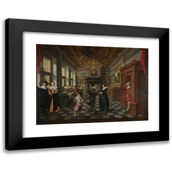 Dirck Van Delen 24x18 Black Modern Framed Museum Art Print Titled - A Seven-Part Decorative Sequence; an Interior, Dirck Van Deel (1630 - 1632)