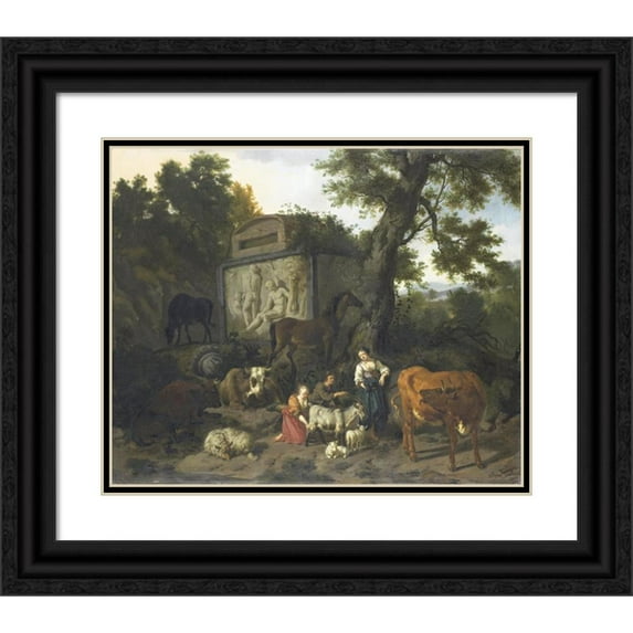 Dirck van Bergen 17x15 Black Ornate Wood Framed Double Matted Museum Art Print Titled - Landscape with Herdsmen and Cattle Near a Tomb (1660 - 1690)
