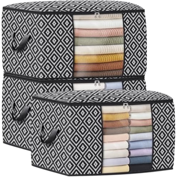 Direct 100L, 3 Pack, Storage Containers, Large Clothes Storage Bins Foldable Organization and Storage Bags with Reinforced Handle, Clear Window for Bedding, Blankets, Clothing, Black