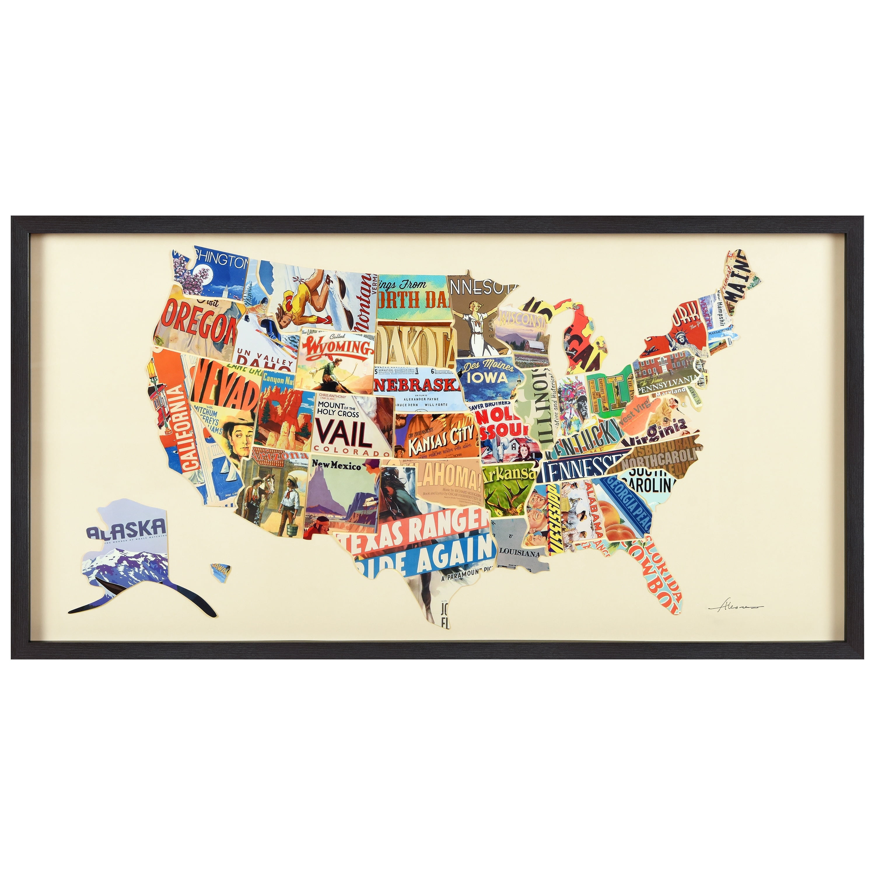 American Map Dimensional Collage Framed Under Glass Wall Art