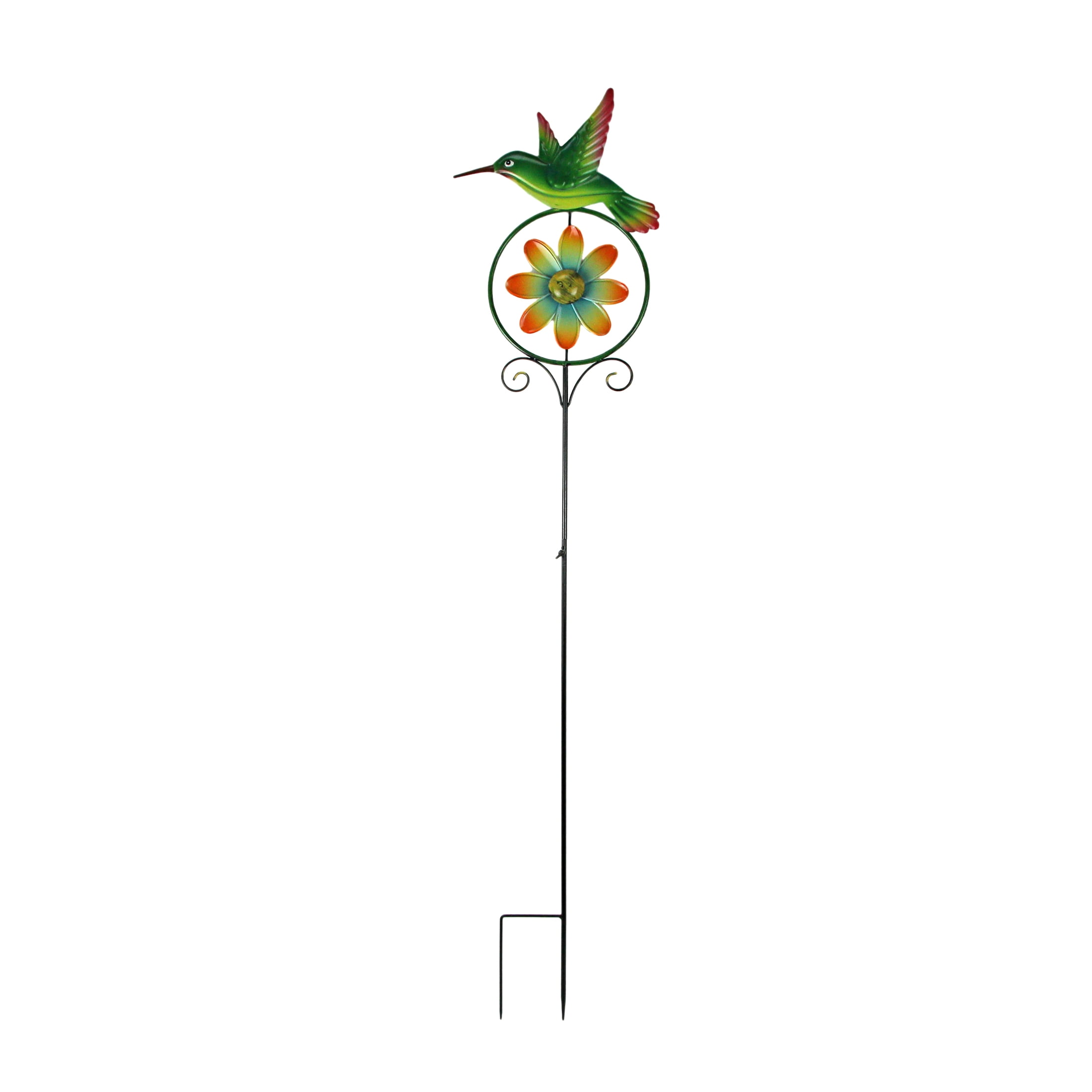 55-Inch Green and Orange Metal Hummingbird Flower Wind Spinner Garden Stake