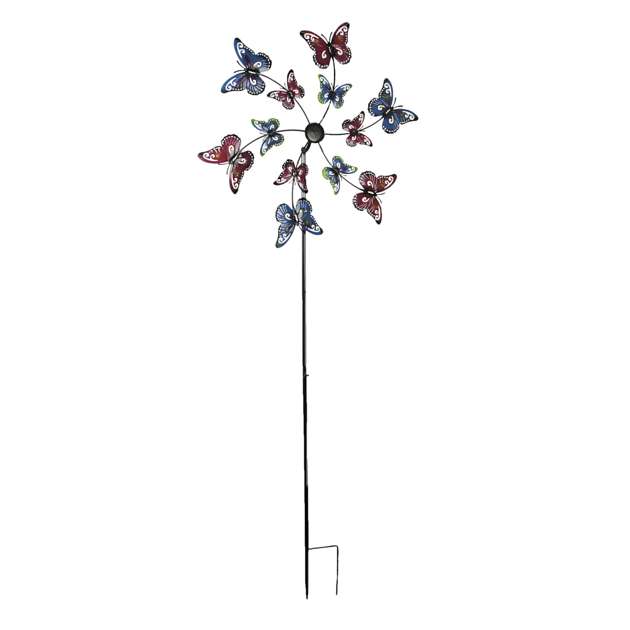 72-Inch Red and Blue Metal Butterfly Wind Spinner Garden Stake