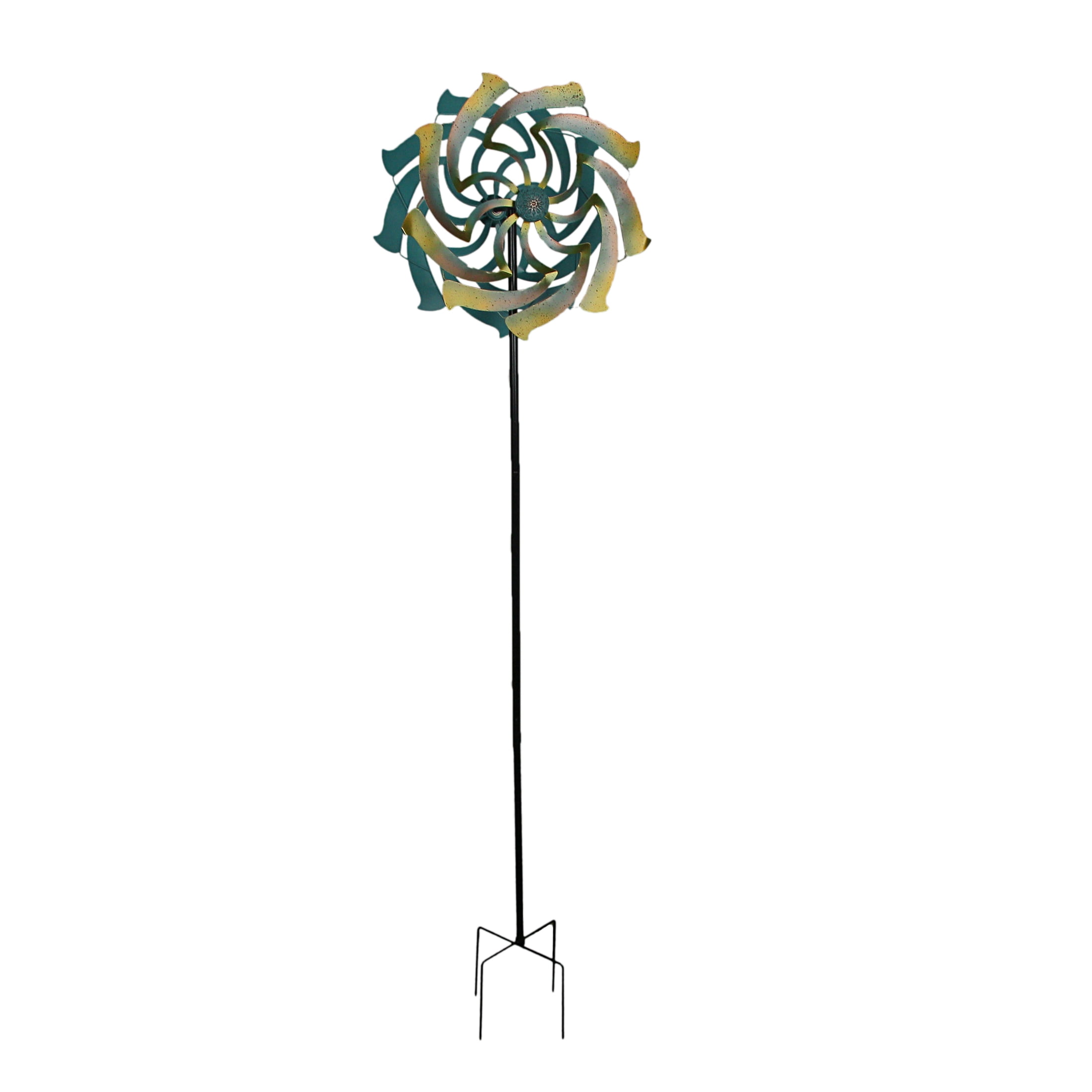 Teal and Yellow Metal Dual Flower Wind Spinner Garden Stake, 70 Inches