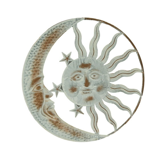 Direct International Zeckos White Metal Sun Moon and Stars Face Wall Hanging Dcor 20 inch