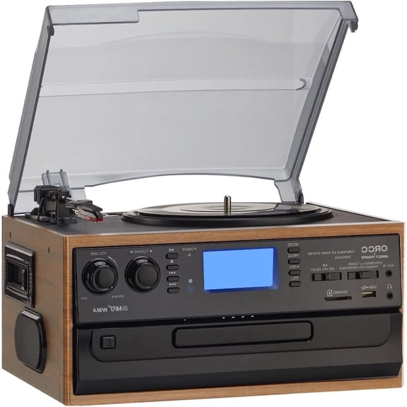 ORCC 10-in-1 Bluetooth Record Player Turntable for Vinyl Records, CD, Cassette, USB/SD, AM/FM Radio with Built-in Speakers and Remote