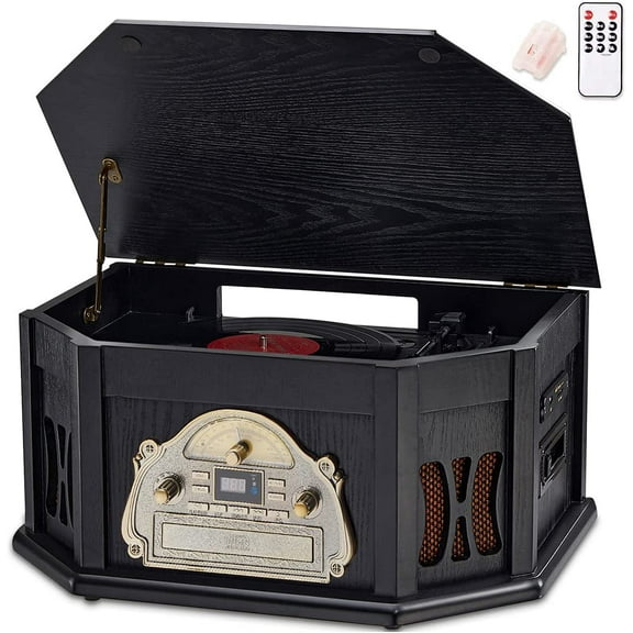 Direct Power 10-in-1 Vinyl Record Player Turntable Stereo System with Bluetooth Connection, CD & Cassette Player, AM/FM Radio, USB & SD Slot