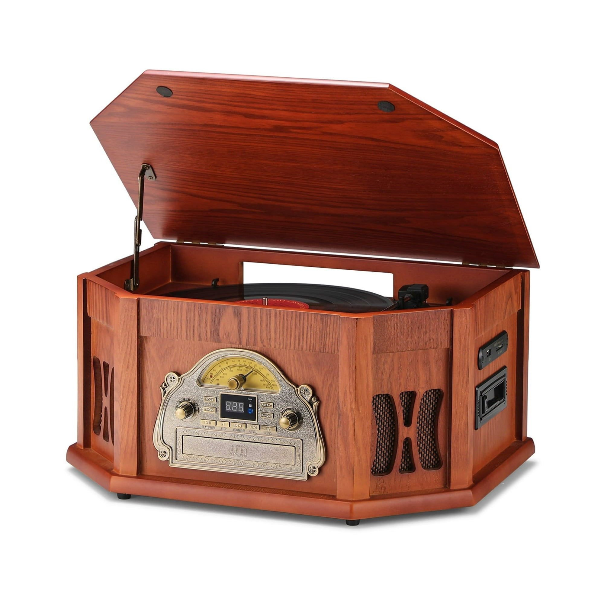 Walmart savings: Direct Power 10-in-1 Wood Turntable, Bluetooth, Vinyl Player, AM/FM, CD, Cassette, USB, SD, 2 Speakers