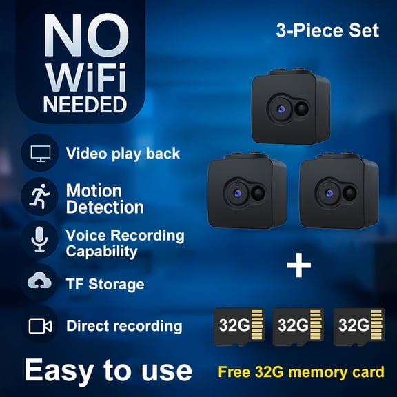 Direct-Recording Security Camera, No Wi-Fi, 32GB SD Loop Recording, Rechargeable Battery, Plug & Play for Home, Baby, Pet, Office Surveillance, Halloween Gift