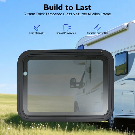Direct Replacement RV Window with Screen – 1.5-1.65in Installation Wall Thickness, 90° Opening, Manual Operation – Black Welded Frame for Privacy & Ventilation