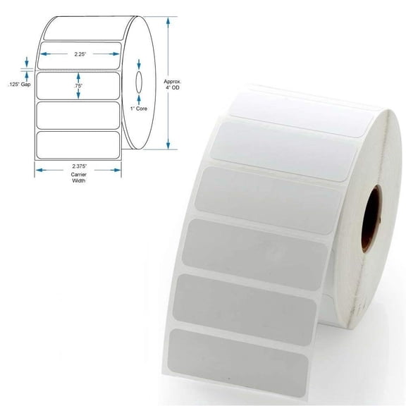 Direct Thermal Labels, 2 1/4 x 3/4 inch, 2.25" x 0.75" White, Permanent Adhesive, Perforations Between Labels, 1700 per Roll (6 Rolls)