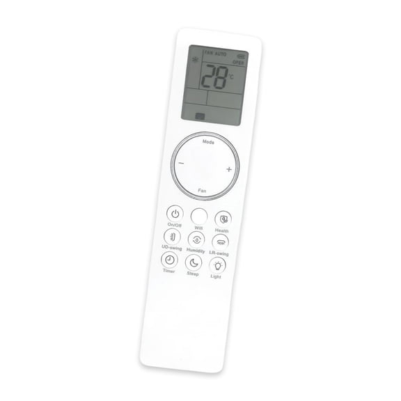 Direct-Use AC Remote Control with LCD Display, White Replacement Body, Organized Button Access for Temperature, Mode, Fan, Swing, Timer, Sleep, Light
